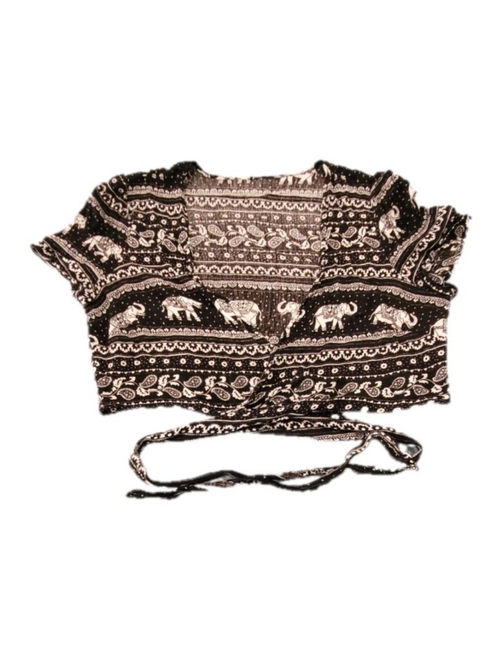 Black & White Elephant Graphic Print Tie-Front Crop Top Wrap Vintage Boho
